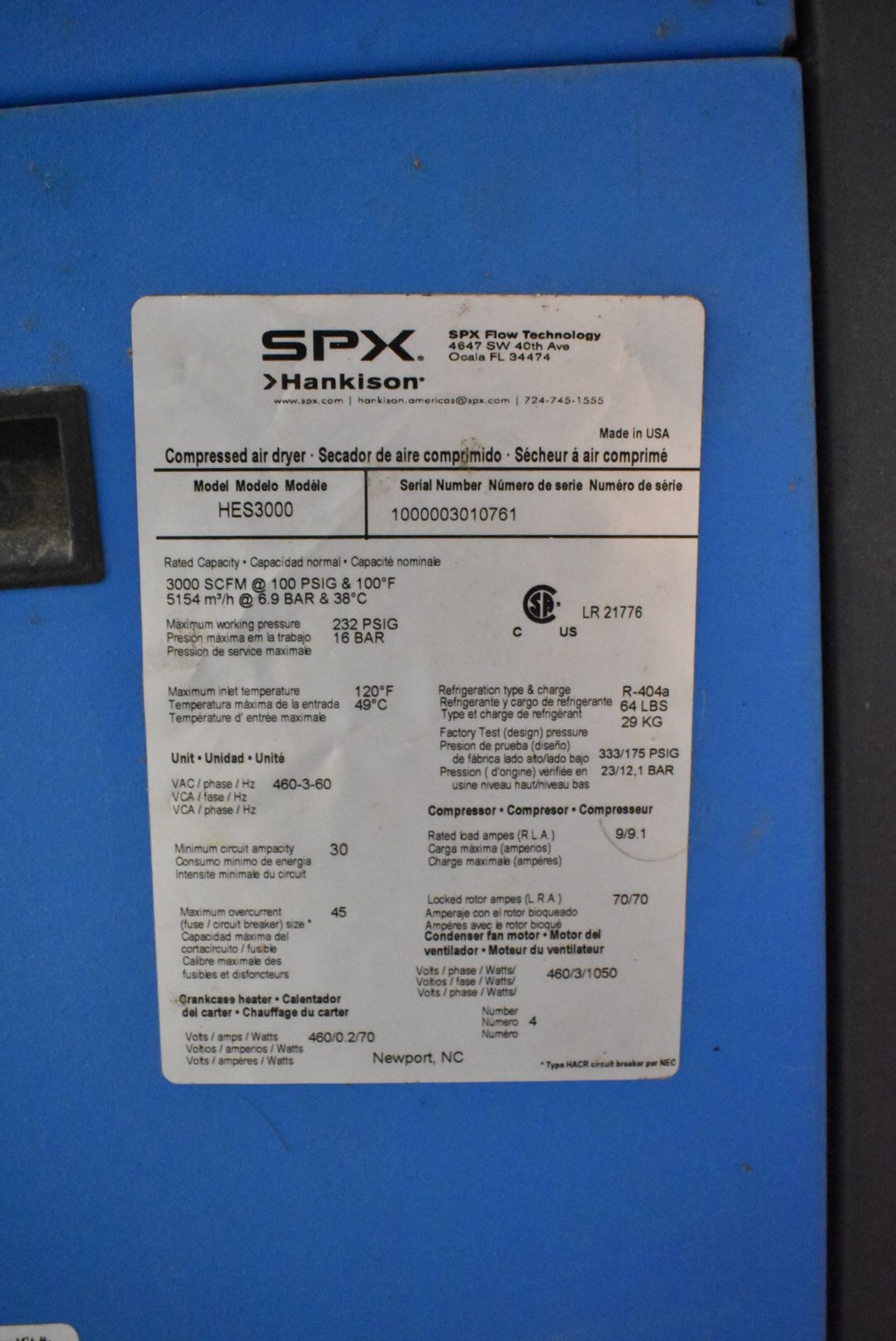 SPX HANKISON (2020) HES3000 REFRIGERATED AIR DRYER WITH 3000 SCFM @ 100 PSIG CAPACITY, S/N - Image 5 of 5