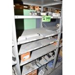 LOT/ CONTENTS OF SHELF - INCLUDING AIR CYLINDERS, FLAP CLOSER SIDE PLATES, CHAIN CONTAINER, BLOWER