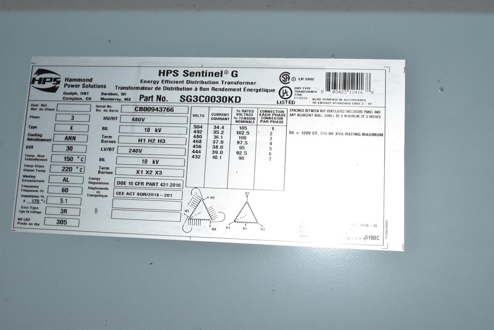 HPS SENTINEL G 30 KVA TRANSFORMER 480-240V/3PH/60HZ, S/N N/A (CI) [RIGGING FEES FOR LOT #2044 - $150 - Image 2 of 2