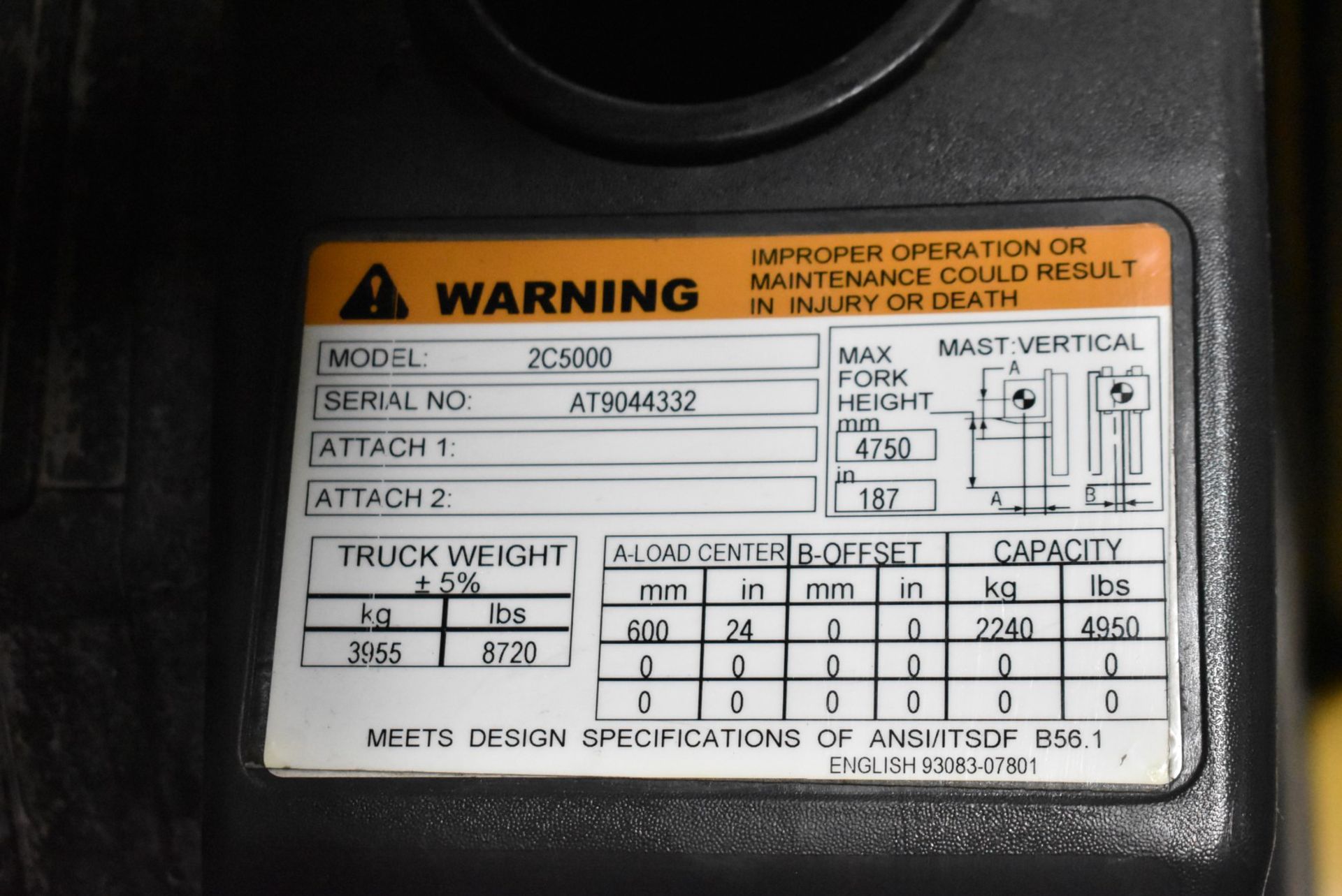 CATERPILLAR 2C5000 4,950 LBS. CAPACITY LPG FORKLIFT WITH 187" MAX VERTICAL REACH, 3-STAGE HIGH - Image 9 of 9