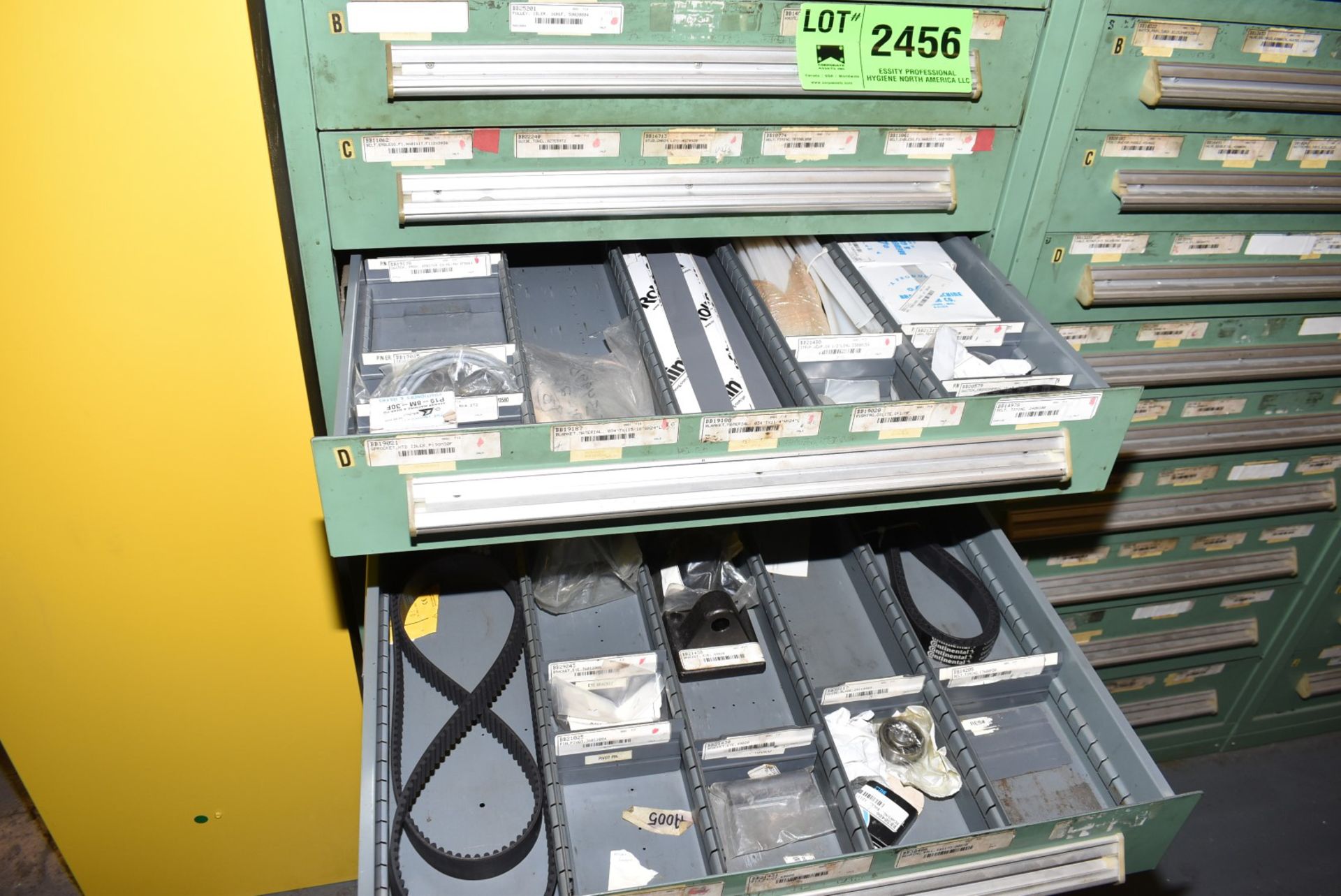 LOT/ CONTENTS OF CABINET - INCLUDING SAFETY DOOR SWITCHES, BELTS, TENSIONERS, AIR CYLINDERS, OIL