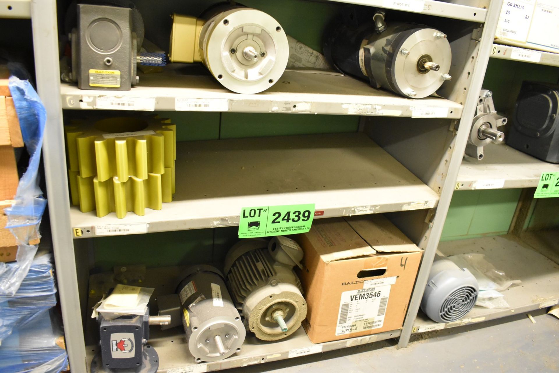 LOT/ CONTENTS OF (3) SHELVES - SPARE MOTORS & GEARBOXES [RIGGING FEES FOR LOT #2439 - $100 USD