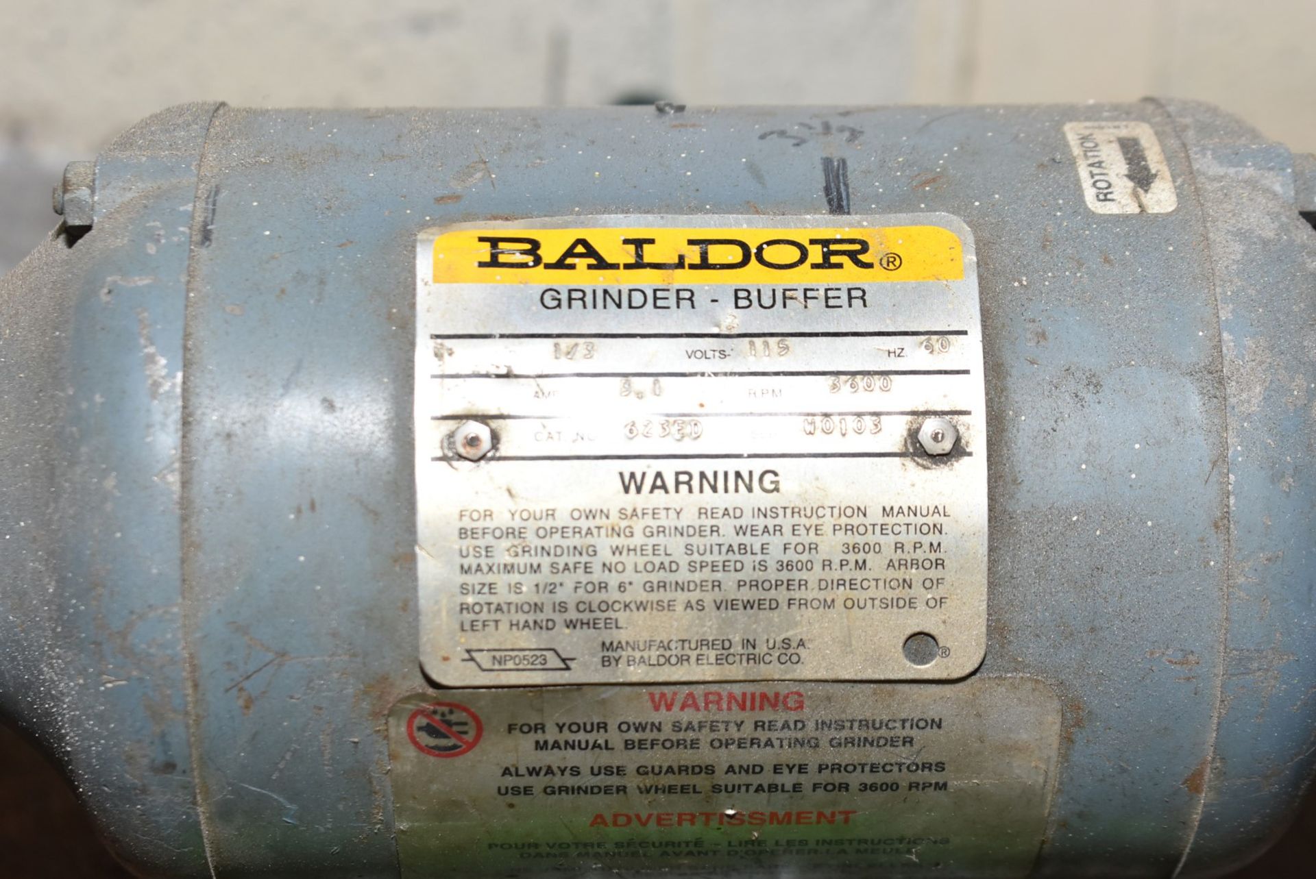 BALDOR 1/3HP DOUBLE END BENCH GRINDER, S/N N/A [RIGGING FEES FOR LOT #2109 - $25 USD PLUS APPLICABLE - Image 2 of 3