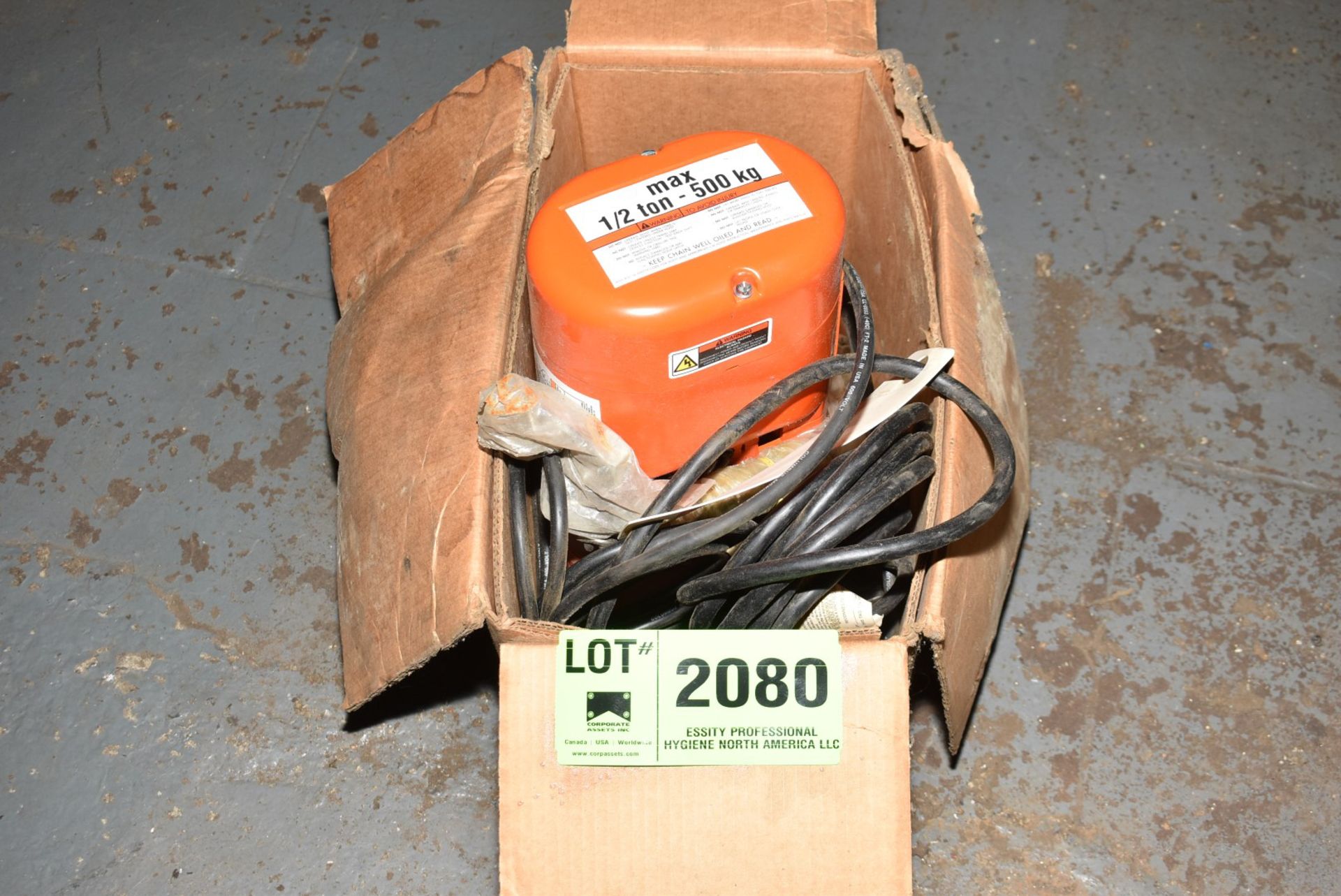 CM 1/2 TON ELECTRIC HOIST WITH PENDENT CONTROL, S/N N/A [RIGGING FEES FOR LOT #2080 - $25 USD PLUS