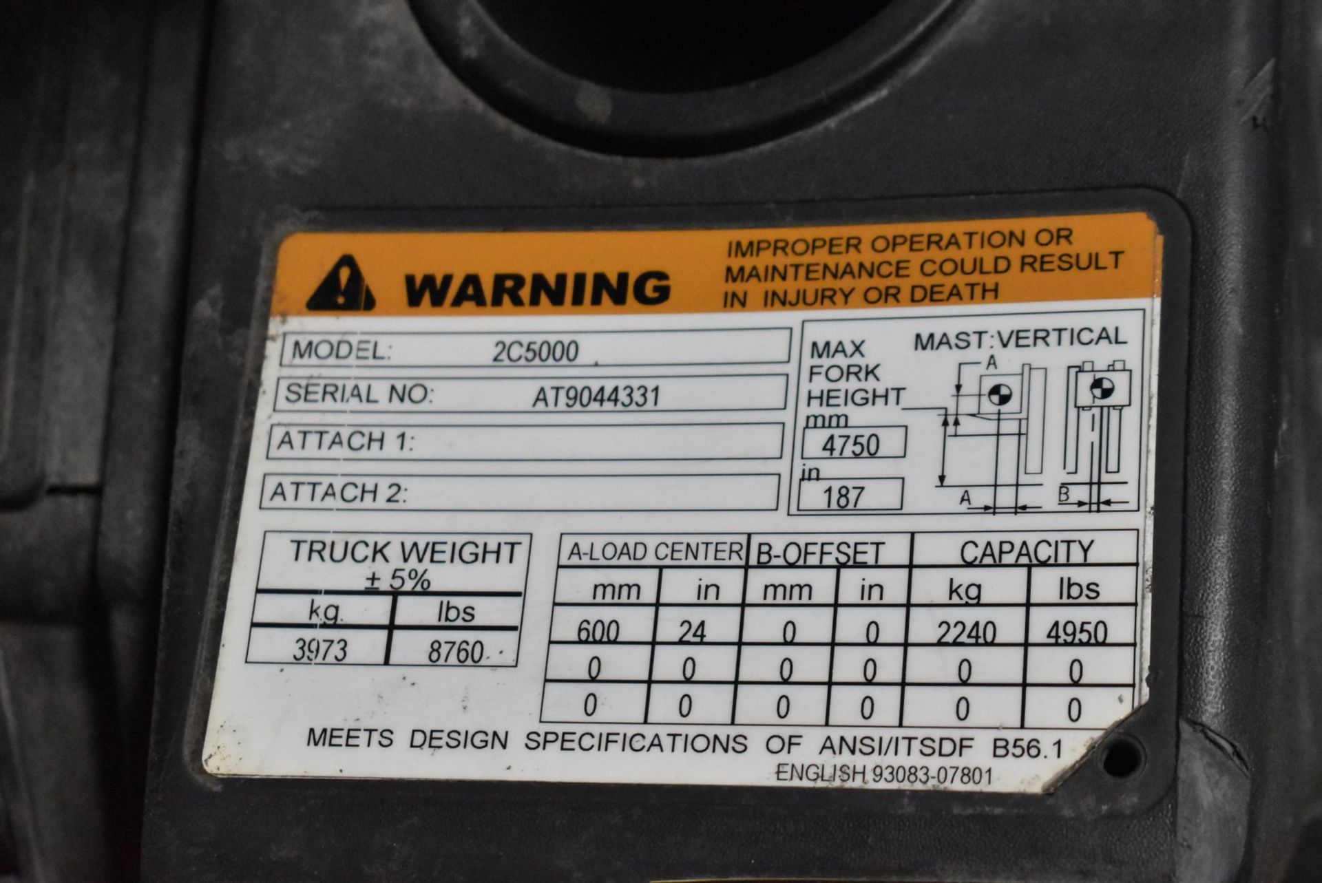 CATERPILLAR 2C5000 4,950 LB. CAPACITY LPG FORKLIFT WITH 187" MAX. VERTICAL LIFT, 3-STAGE HIGH - Image 8 of 9