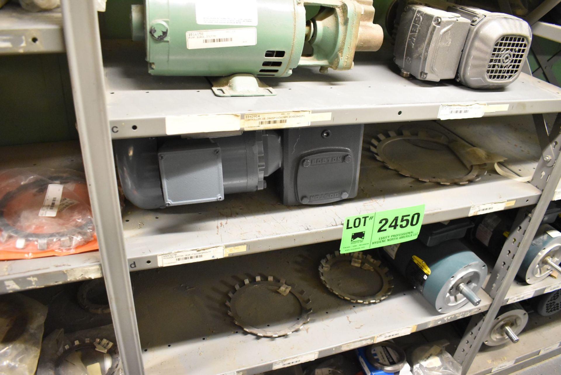 LOT/ CONTENTS OF REMAINING SHELVES - INCLUDING SPARE MOTORS, GEARBOXES, SPANNER NUTS, SPARE PARTS [