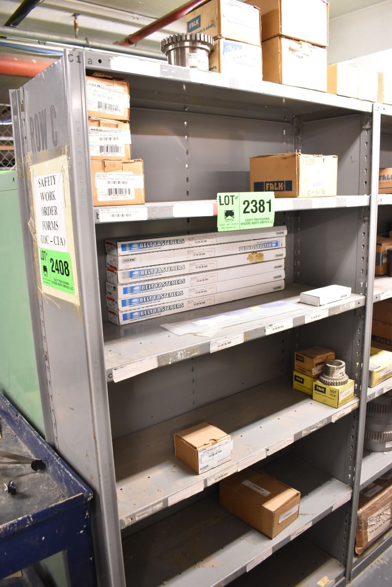 LOT/ CONTENTS OF SHELF - INCLUDING FALK COVERS & COUPLINGS, BELT FASTENERS, HUBS, SPARE PARTS [