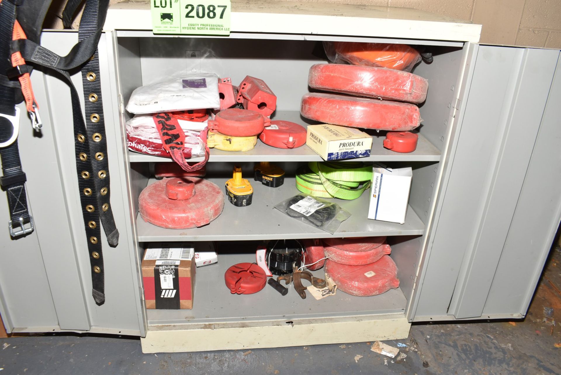 2 DOOR STORAGE CABINET WITH CONTENTS CONSISTING OF LOCK OUT BOXES AND SAFETY HARNESS [RIGGING FEES - Image 2 of 2