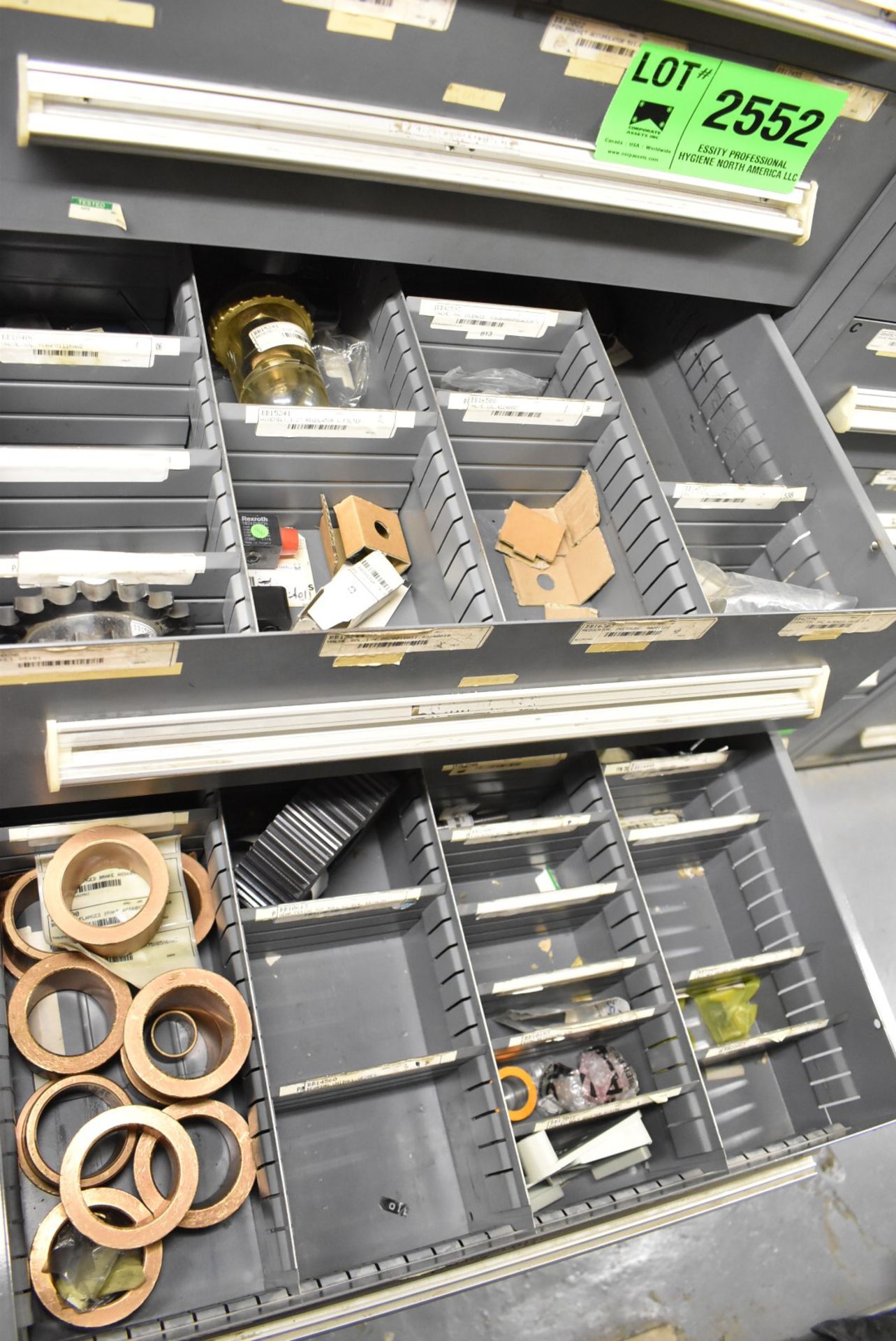 LOT/ CONTENTS OF CABINET - INCLUDING BUSHINGS, VALVE SOLENOIDS, BRONZE BUSHINGS, BELTS, BRONZE