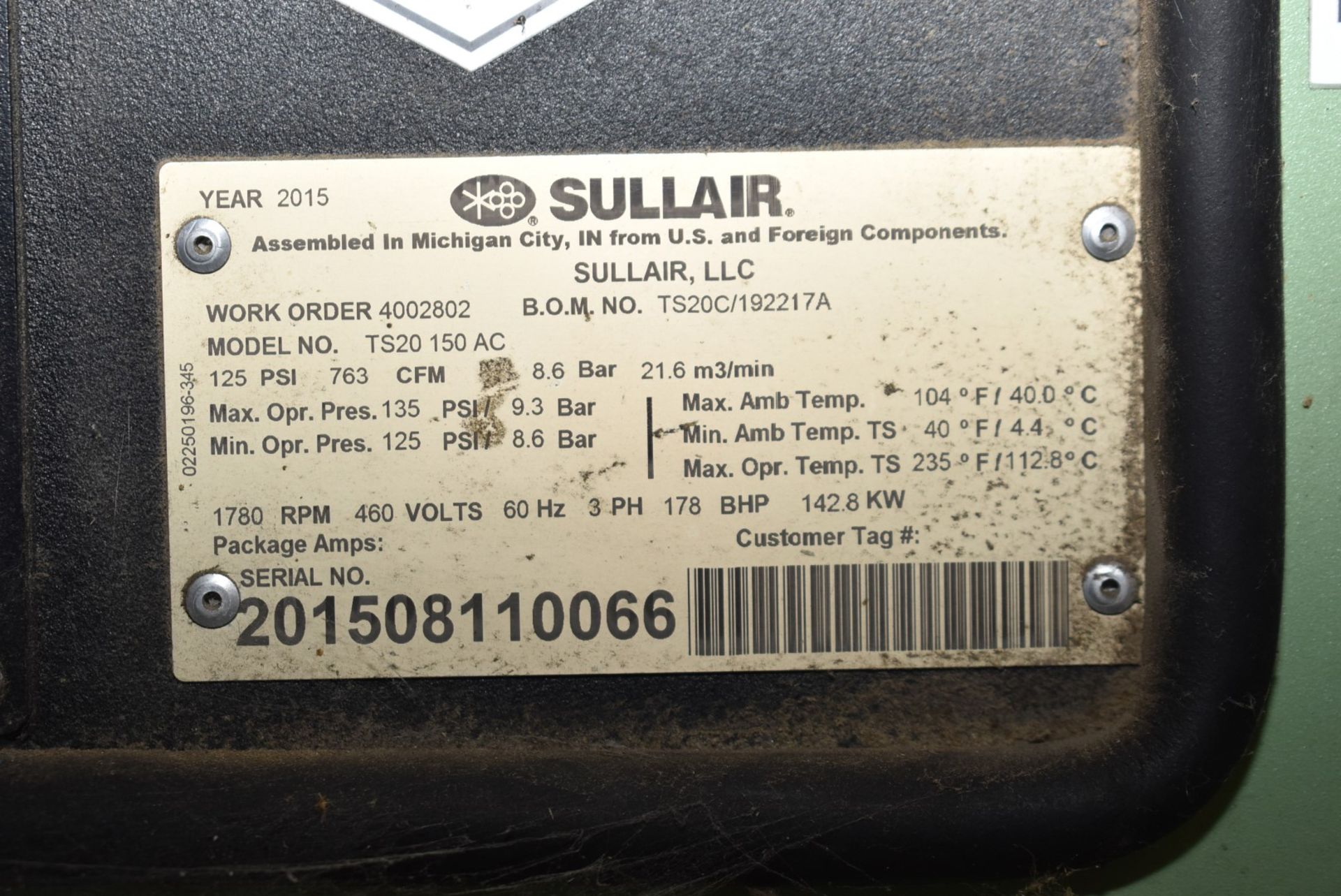 SULLAIR (2015) TS20 150 AC 175 HP ROTARY SCREW TYPE AIR COMPRESSOR WITH 763 CFM @ 125 PSI - Image 7 of 7