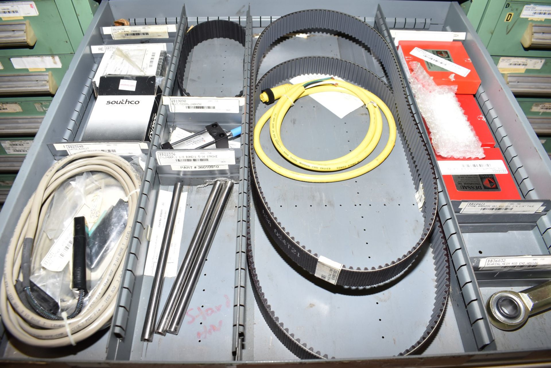 LOT/ CONTENTS OF CABINET - INCLUDING AUTOMATION COMPONENTS, BELTS, SPRINGS, AIR CYLINDERS, SPARE - Image 5 of 10