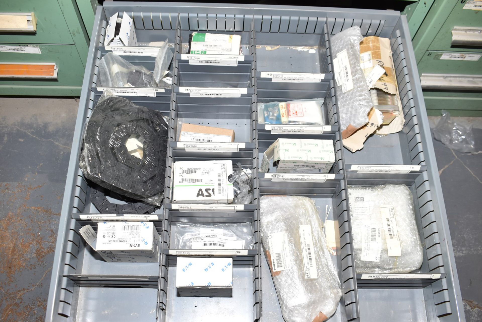 LOT/ CONTENTS OF CABINET - INCLUDING DISC LINING, O-RINGS, ELECTRICAL COMPONENTS, SPROCKETS, - Image 7 of 8