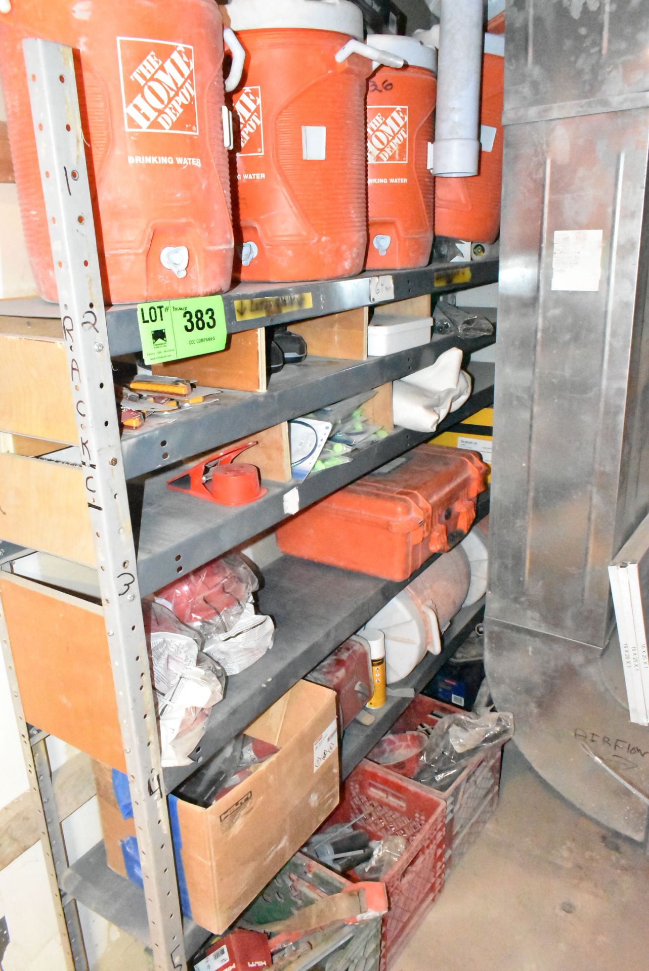 LOT/ CONTENTS OF STORAGE ROOM CONSISTING OF GLOVES, PPE, WATER COOLERS & HILTI FASTENERS