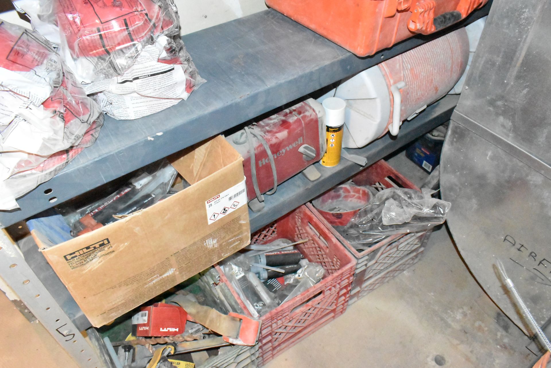 LOT/ CONTENTS OF STORAGE ROOM CONSISTING OF GLOVES, PPE, WATER COOLERS & HILTI FASTENERS - Image 3 of 6