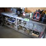 LOT/ SHOP BENCH WITH CONTENTS CONSISTING OF HAND TOOLS, HARDWARE & SUPPLIES