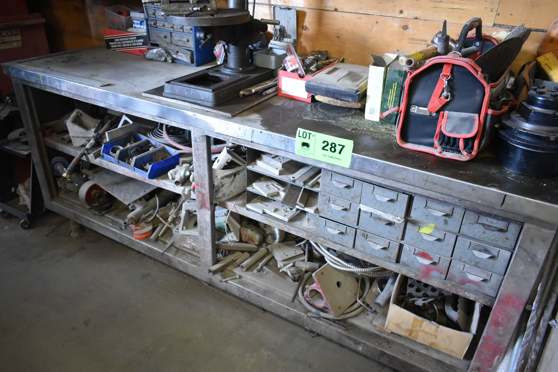 LOT/ SHOP BENCH WITH CONTENTS CONSISTING OF HAND TOOLS, HARDWARE & SUPPLIES