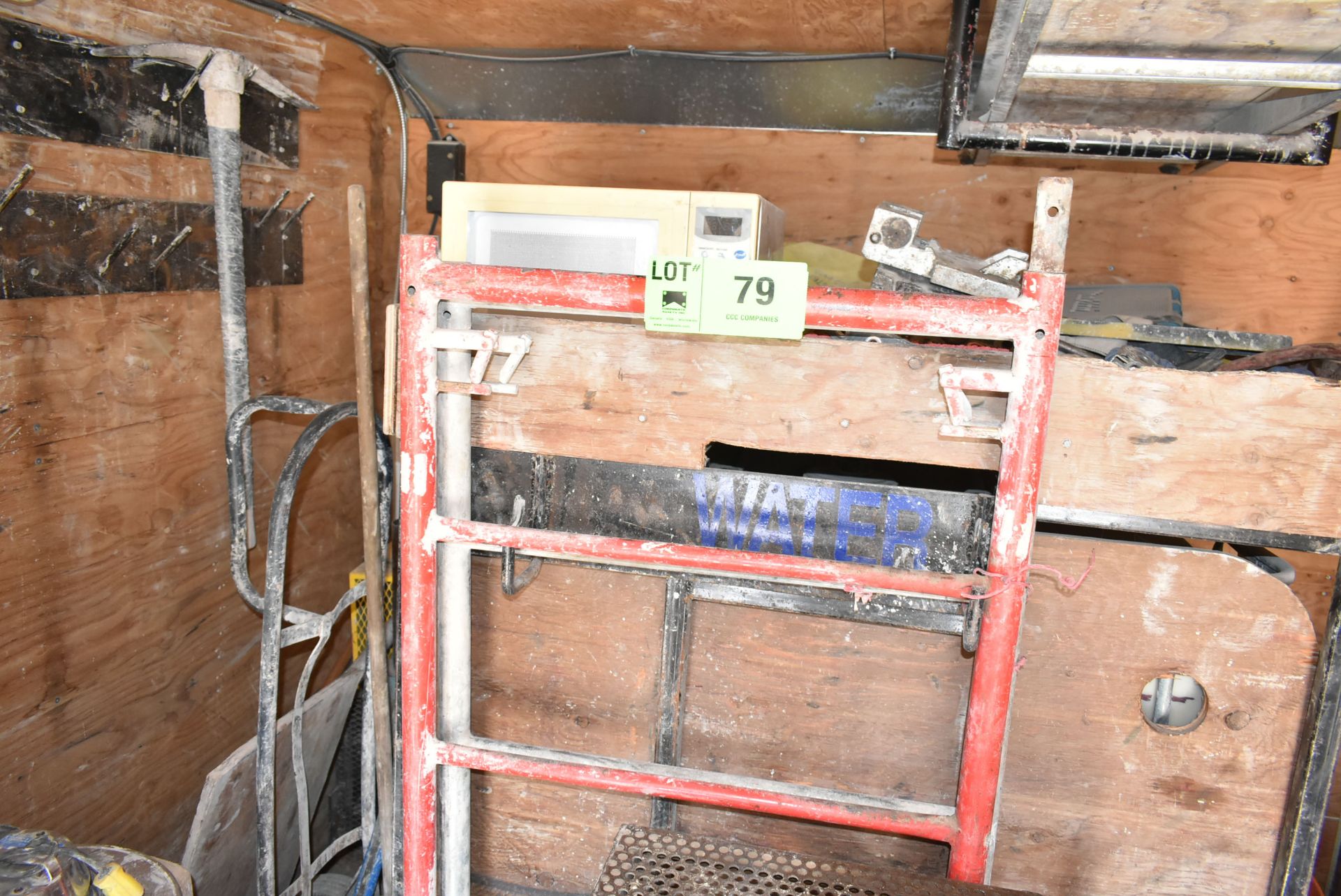 LOT/ REMAINING CONTENTS OF BOX CONSISTING OF SCAFFOLD UPRIGHT, HOSE, EXTENSION CORDS, MICROWAVE,