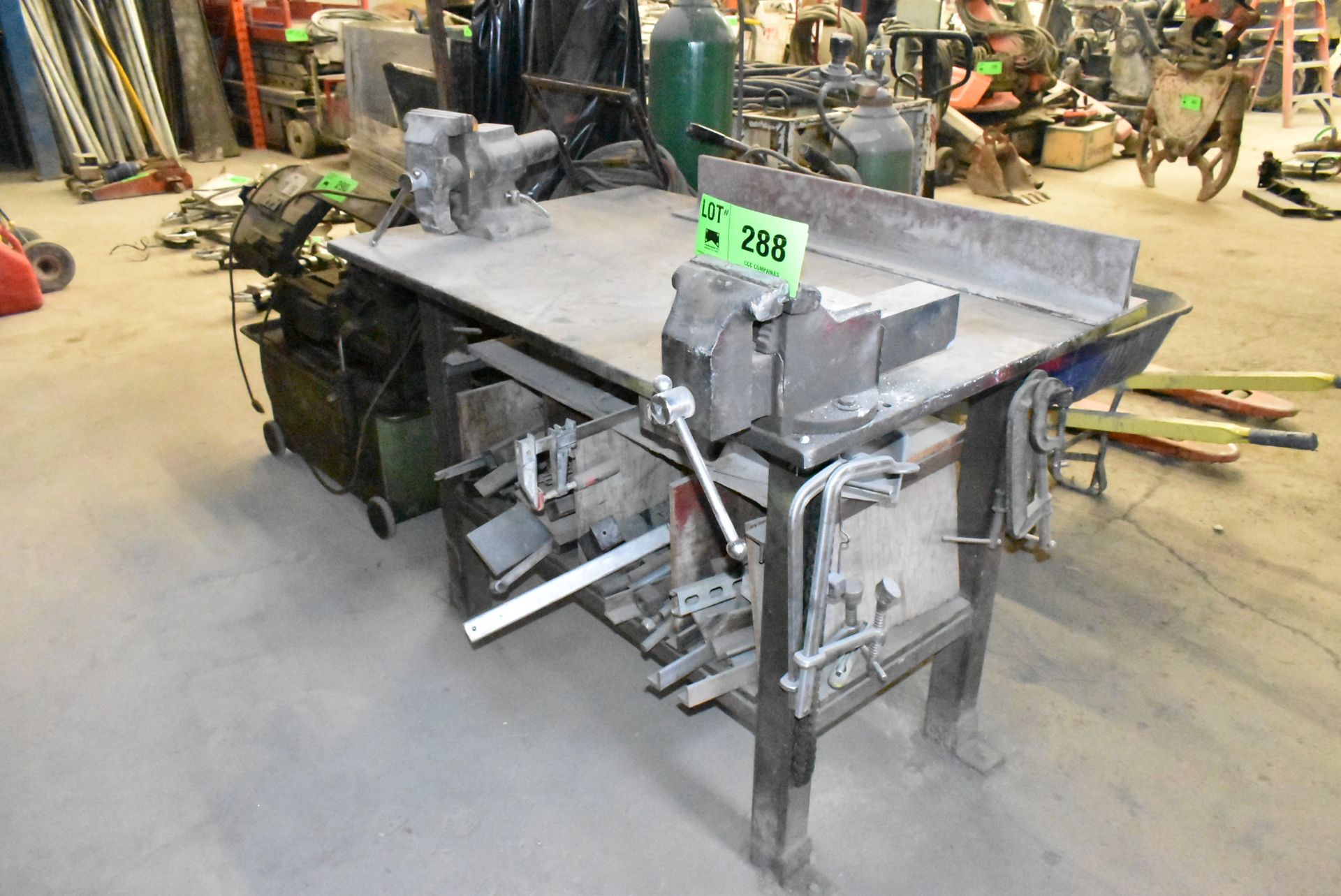LOT/ WELDING TABLE WITH (2) BENCH VISES