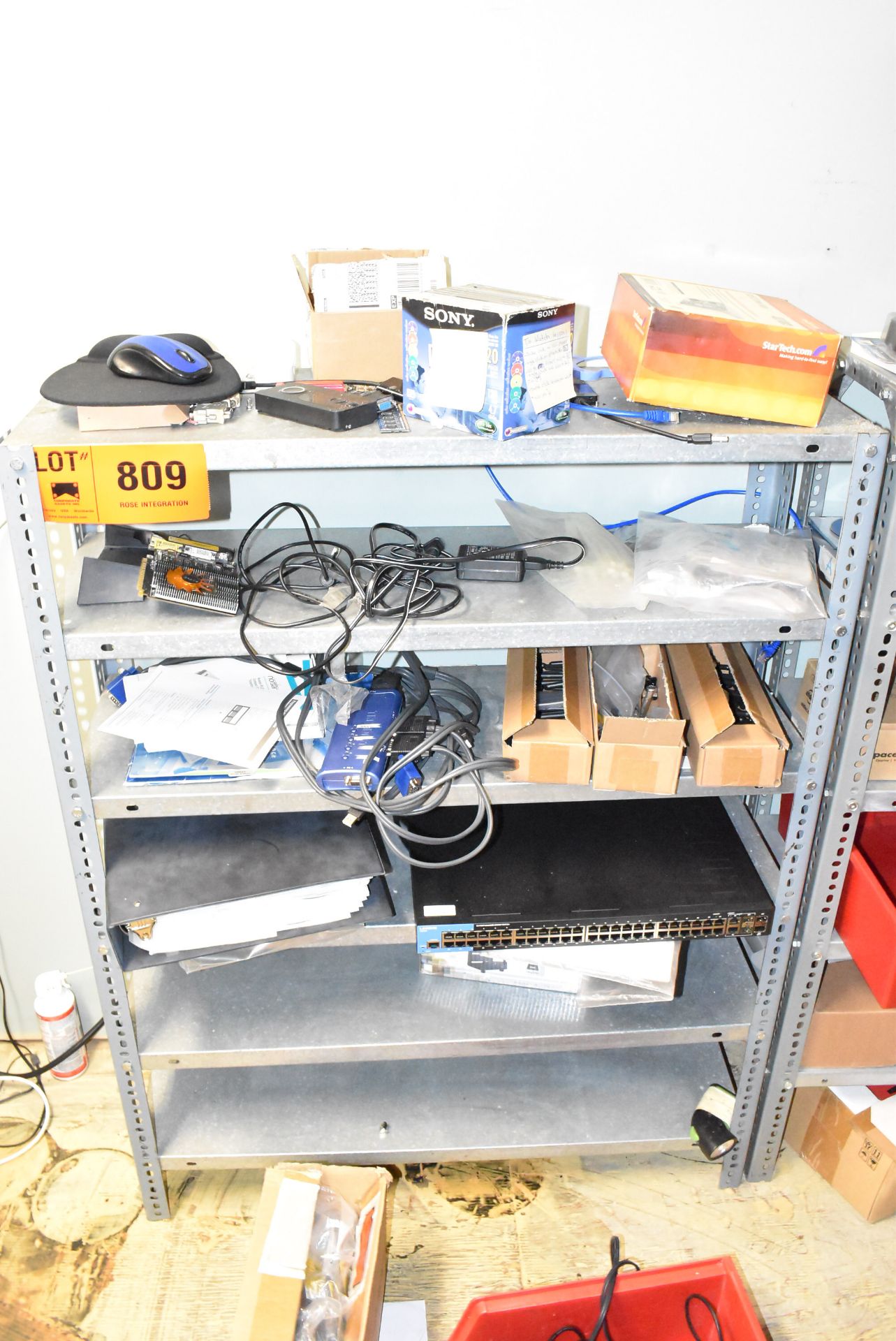 LOT/ SHELF WITH CONTENTS CONSISTING OF SANYO TV, COMPUTER CABLES & IT SUPPORT EQUIPMENT - Image 2 of 4