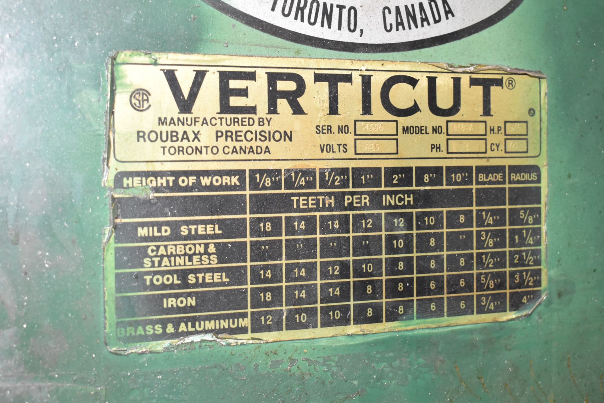 VERTICUT 114-A VERTICAL BANDSAW WITH 18.5" X 30.25" TABLE, 3/4 HP MOTOR, 115V/1PH/60HZ, S/N 1556 ( - Image 4 of 4