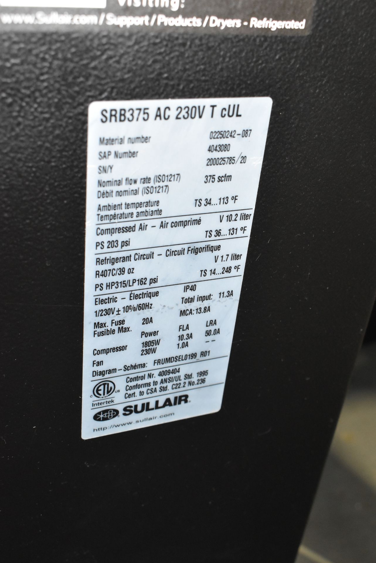 SULLAIR SRB375 REFRIGERATED AIR DRYER WITH 375 SCFM NOMINAL FLOW RATE, 203 PSI MAXIMUM AIR PRESSURE, - Image 4 of 4
