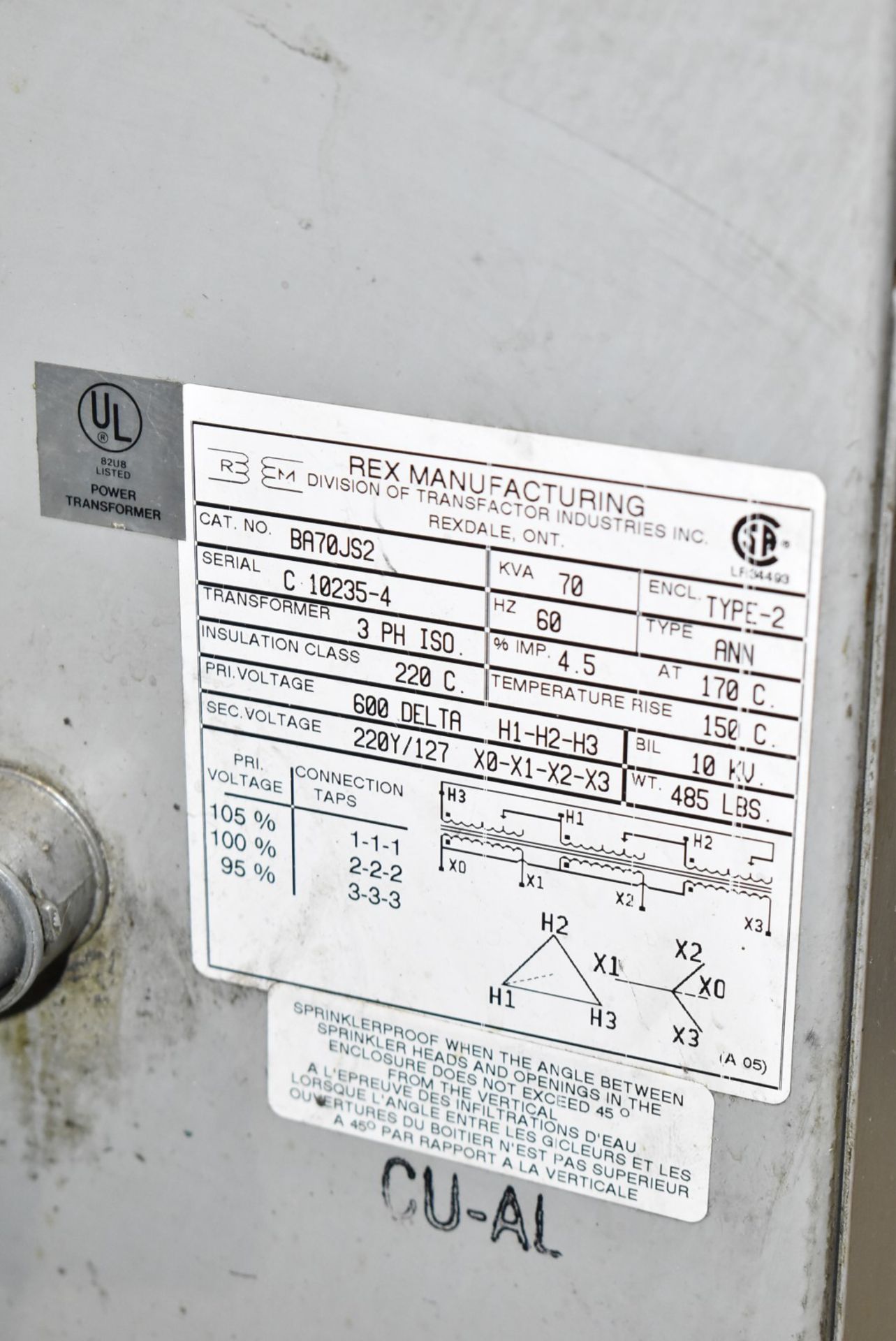 REX 70 KVA TRANSFORMER, 600-220-127V/3PH/60HZ, S/N C 10235-4 (CI) [RIGGING FEE FOR LOT #50 - $50 USD - Image 2 of 2