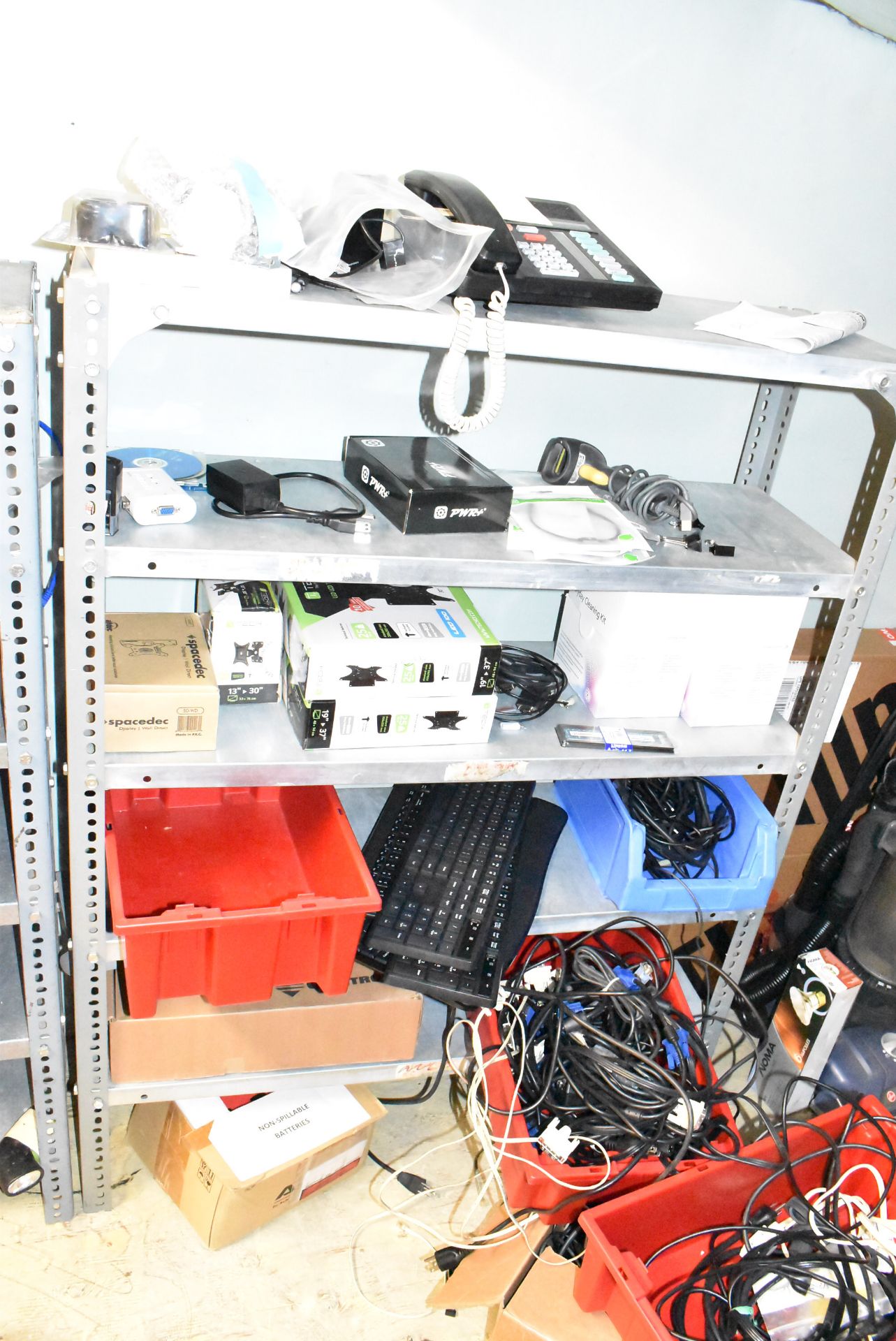 LOT/ SHELF WITH CONTENTS CONSISTING OF SANYO TV, COMPUTER CABLES & IT SUPPORT EQUIPMENT - Image 3 of 4