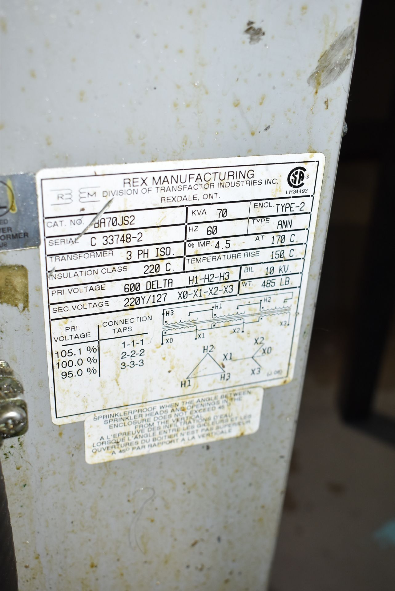 REX 70 KVA TRANSFORMER, 600-220-127V/3PH/60HZ, S/N C 33748-2 (CI) - Image 2 of 2