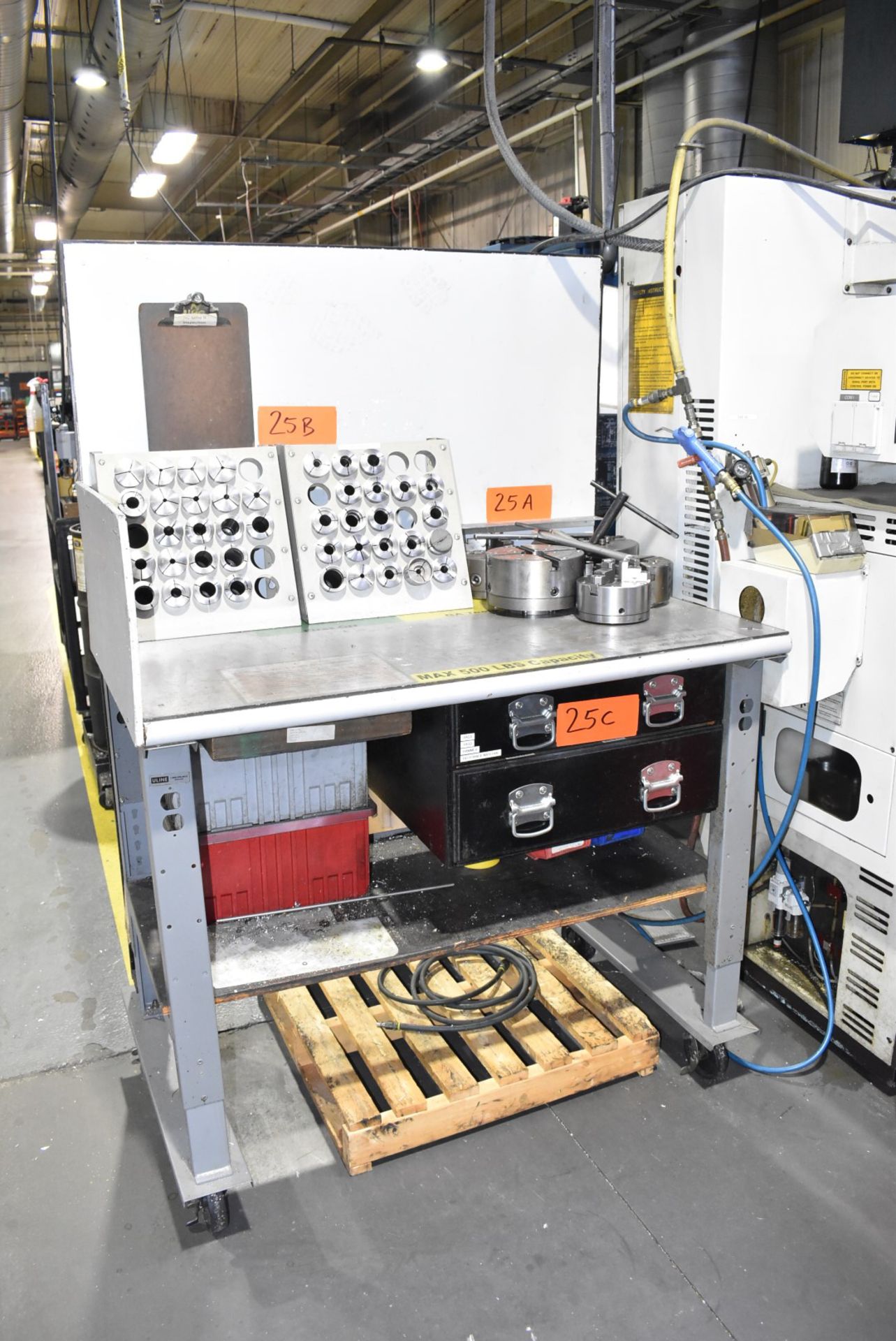 LOT/ ROLLING SHOP TABLE WITH CENTERS, TOOLING & ACCESSORIES