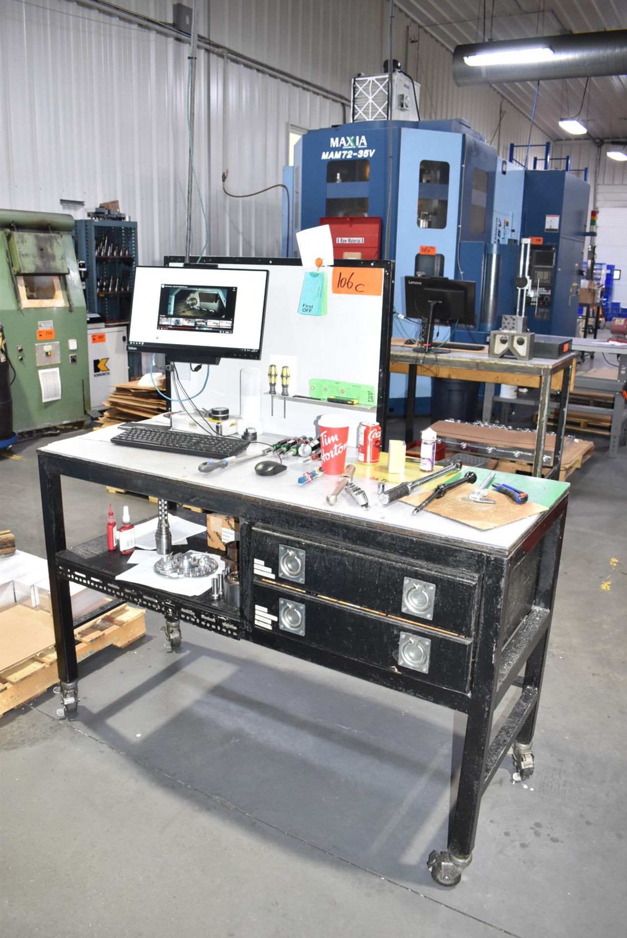 LOT/ ROLLING SHOP TABLE WITH LENOVO THINKCENTER COMPUTER