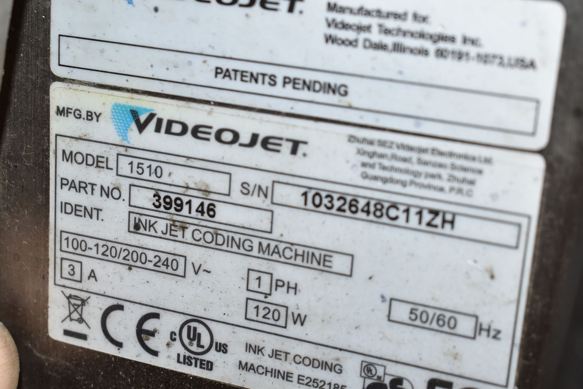 VIDEO JET 1510 INK JET CODING MACHINE, S/N 1032648C11ZH - Image 2 of 2