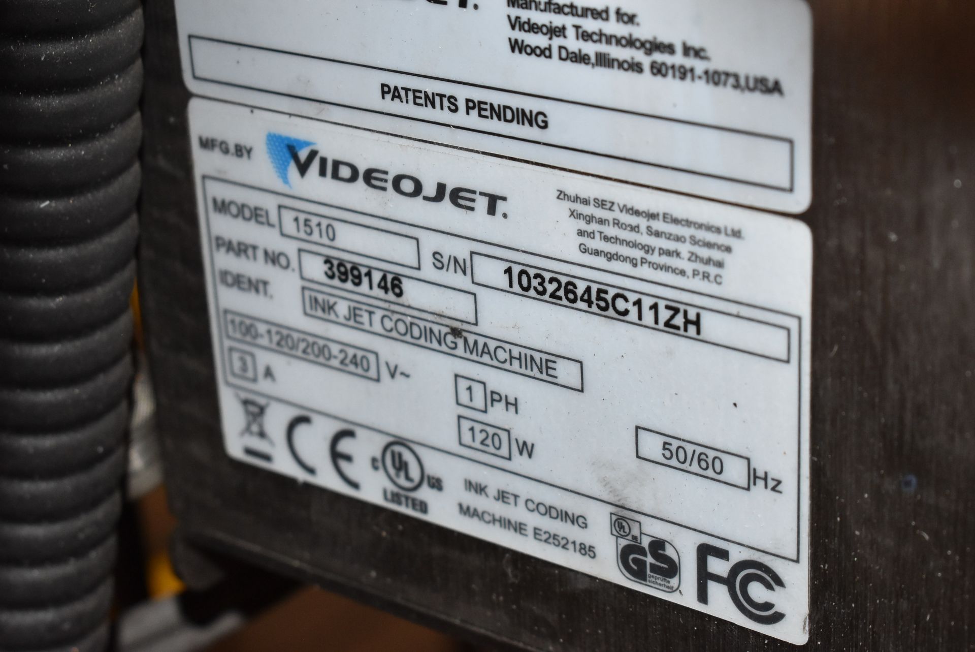 VIDEO JET 1510 INK JET CODING MACHINE, S/N 1032645C11ZH - Image 2 of 2