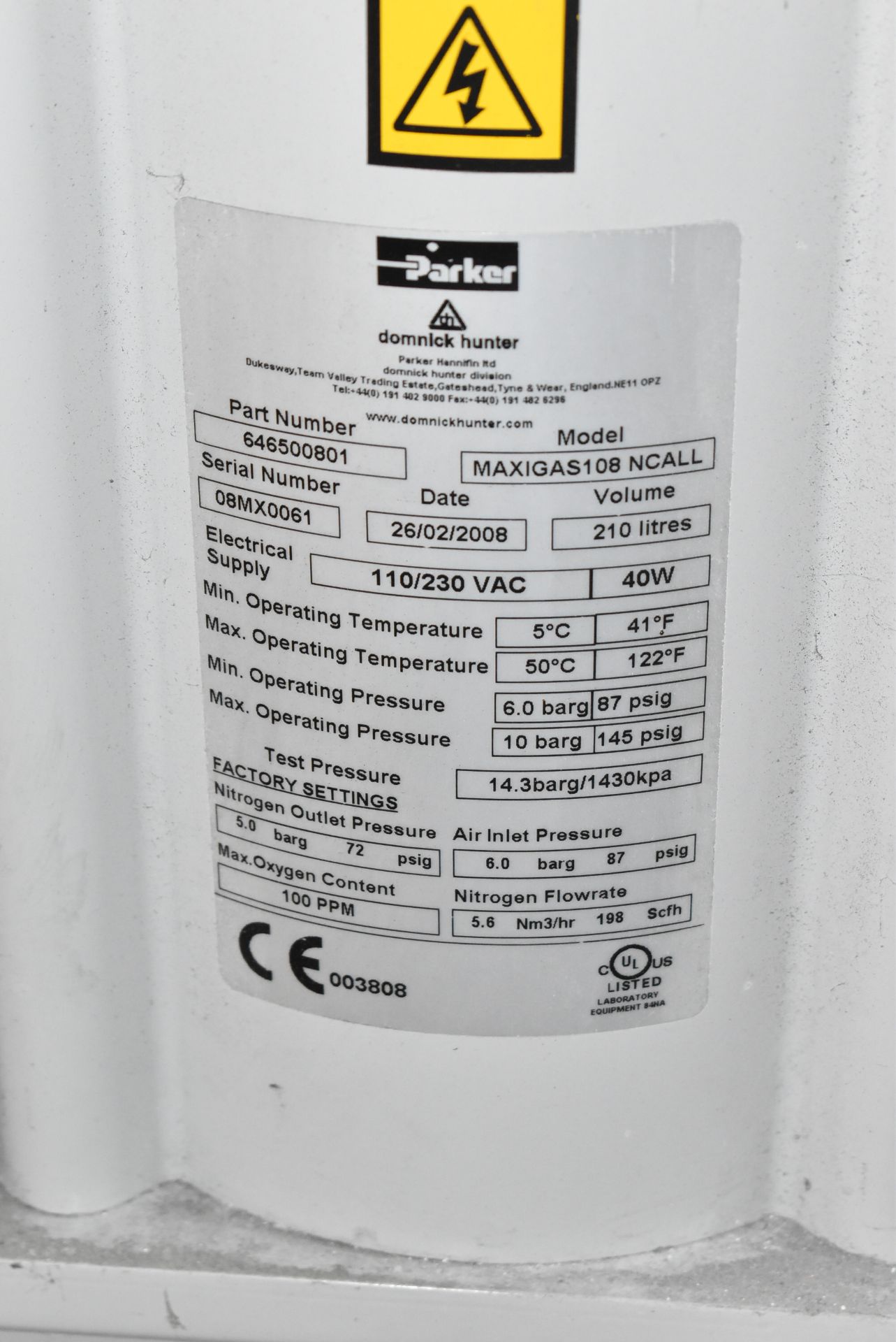 DOMNICK HUNTER MAXIGAS 108NCALL NITROGEN GENERATOR WITH 210 LITER MAX VOLUME, S/N 08MX0061 - Image 5 of 5