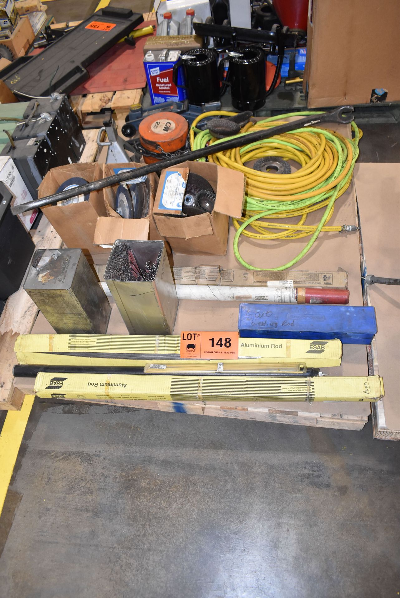 LOT/ CONTENTS OF PALLET WELDING ELECTRODES, PNEUMATIC HOSE, CHAIN FALL AND GRINDING WHEELS