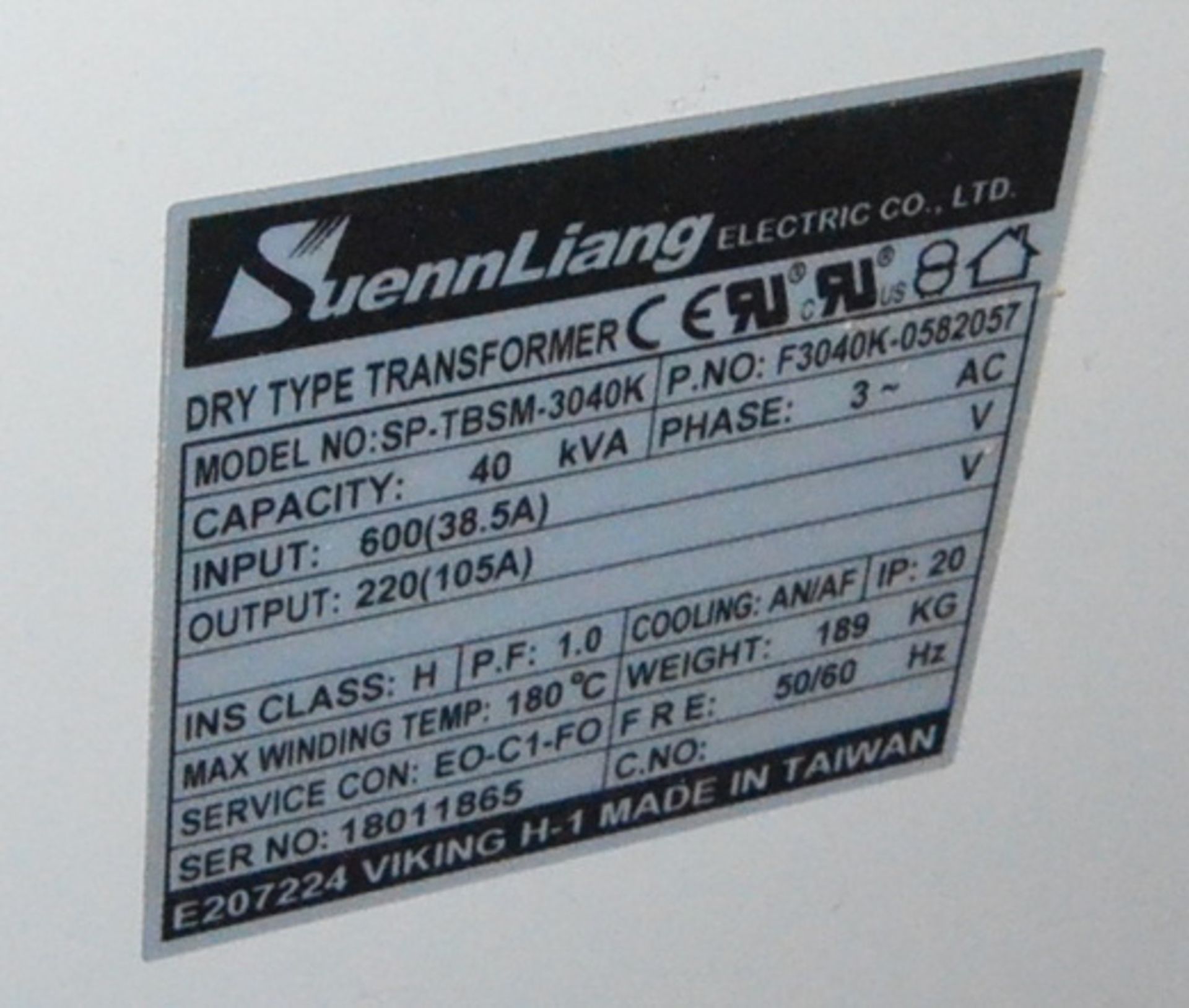 SUENN LIANG 40 KVA TRANSFORMER WITH 600 INPUT VOLTAGE, 220 OUTPUT VOLTAGE, 3 PH, 50/60 HZ, S/N: - Image 2 of 2