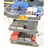 LOT/ CART WITH CONTENTS - INCLUDING TIE-DOWN CLAMPING, PARALLELS, DRILL BOXES