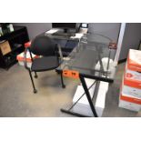 LOT/ GLASS L-SHAPE DESK WITH CHAIR (NO COMPUTERS OR ELECTRONICS)