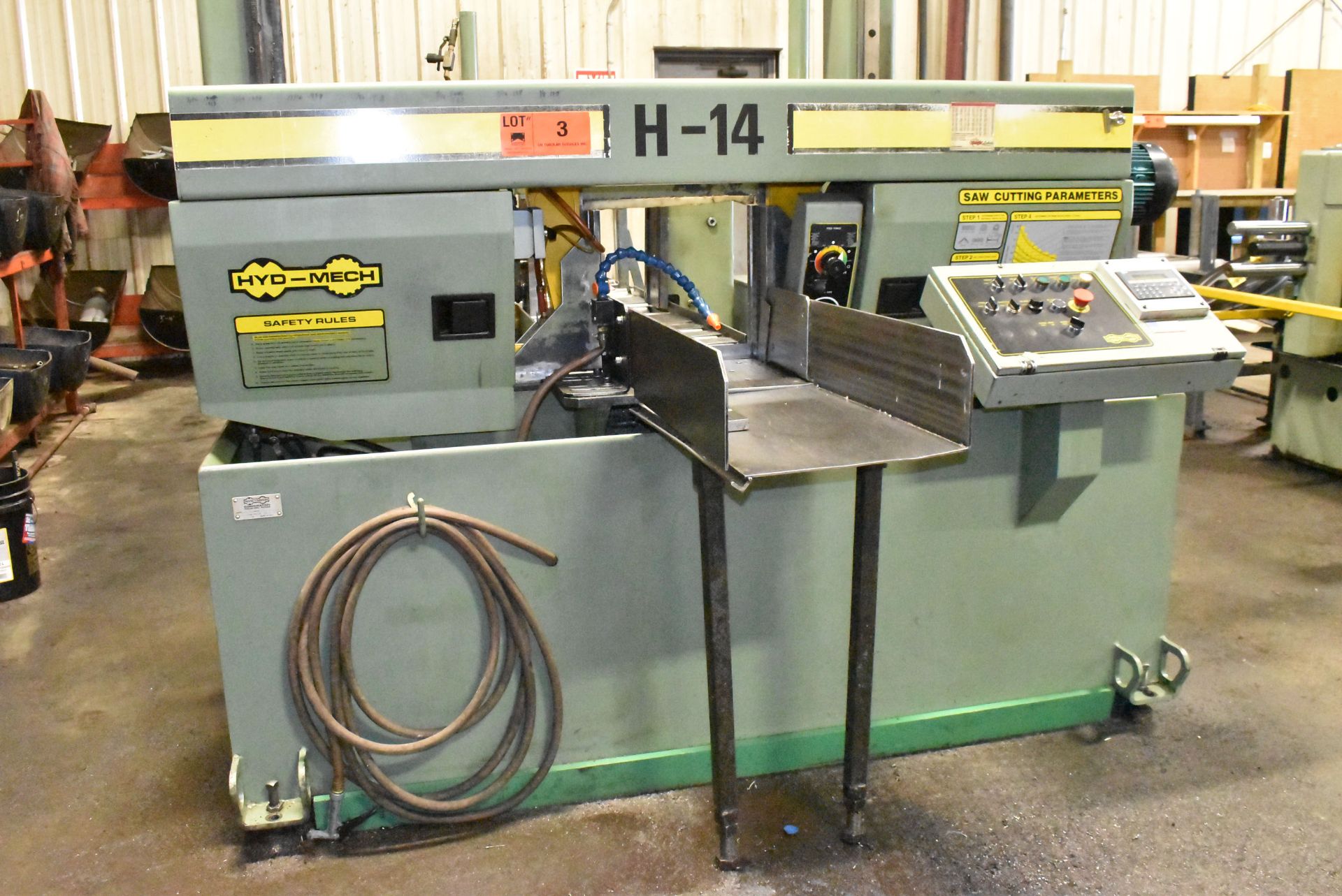 HYD-MECH H-14 DUAL POST AUTOMATIC HORIZONTAL BAND SAW WITH 14"X14" MAX. CAPACITY, HYDRAULIC VISE,