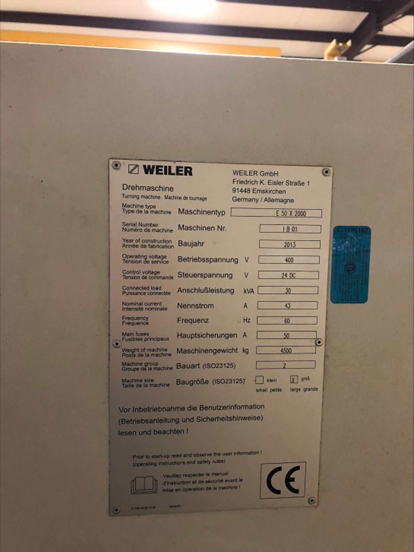 WEILER (2013) E50X2000-165 CNC LATHE WITH WEILER CNC CONTROL, 4-JAW CHUCK, 22.44" SWING OVER BED, - Image 11 of 11