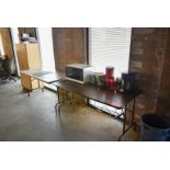 LOT/ FOLDING TABLES WITH CABINET, MICROWAVE AND COFFEE MAKER