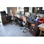 LOT/ (3) DESKS WITH CHAIRS, MICROWAVE AND MONITORS (NO PC'S)
