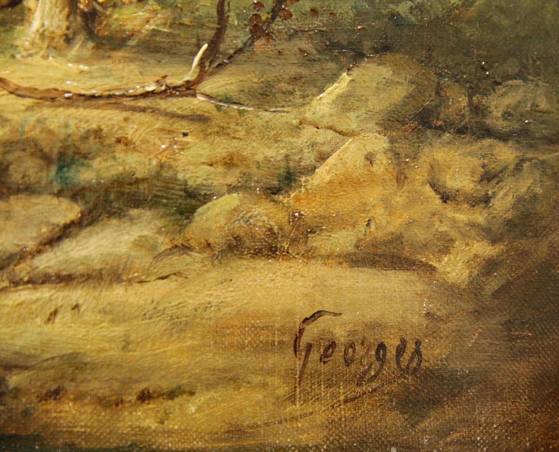 Pair of paintings signed GEORGES, "River with the fisherman" and "River with the farmer", 19th C. - Image 5 of 9