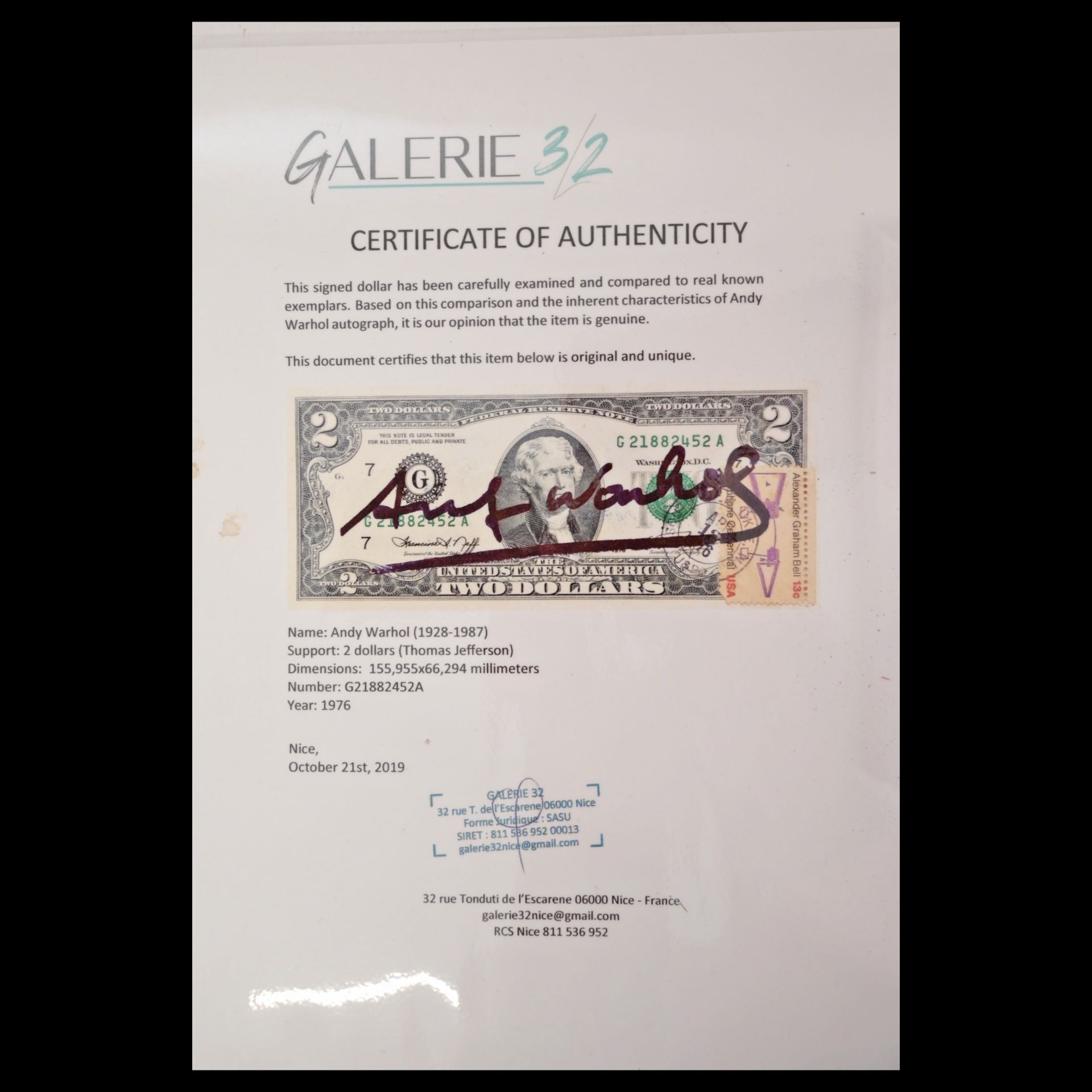 Andy WARHOL (1928 - 1987), Signed 2-dollar banknote + certificate. - Bild 3 aus 4