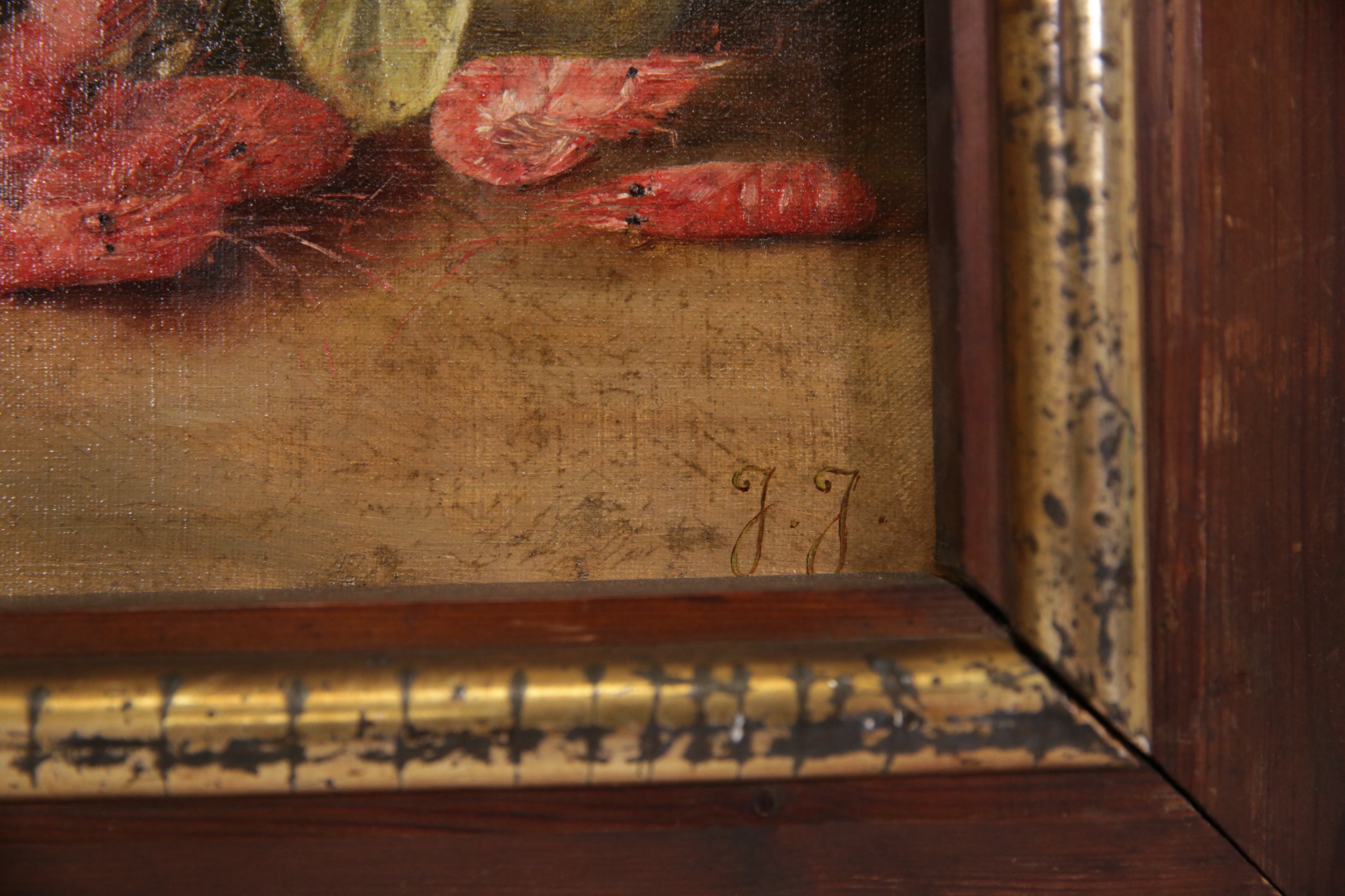 "Still life with oysters", oil on canvas, monogram bottom right J.J., European painting circa 1900 - Image 4 of 4