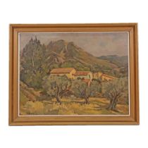 "Mountain landscape with houses", Oil on cardboard, France, 20th century, JM Baptiste.