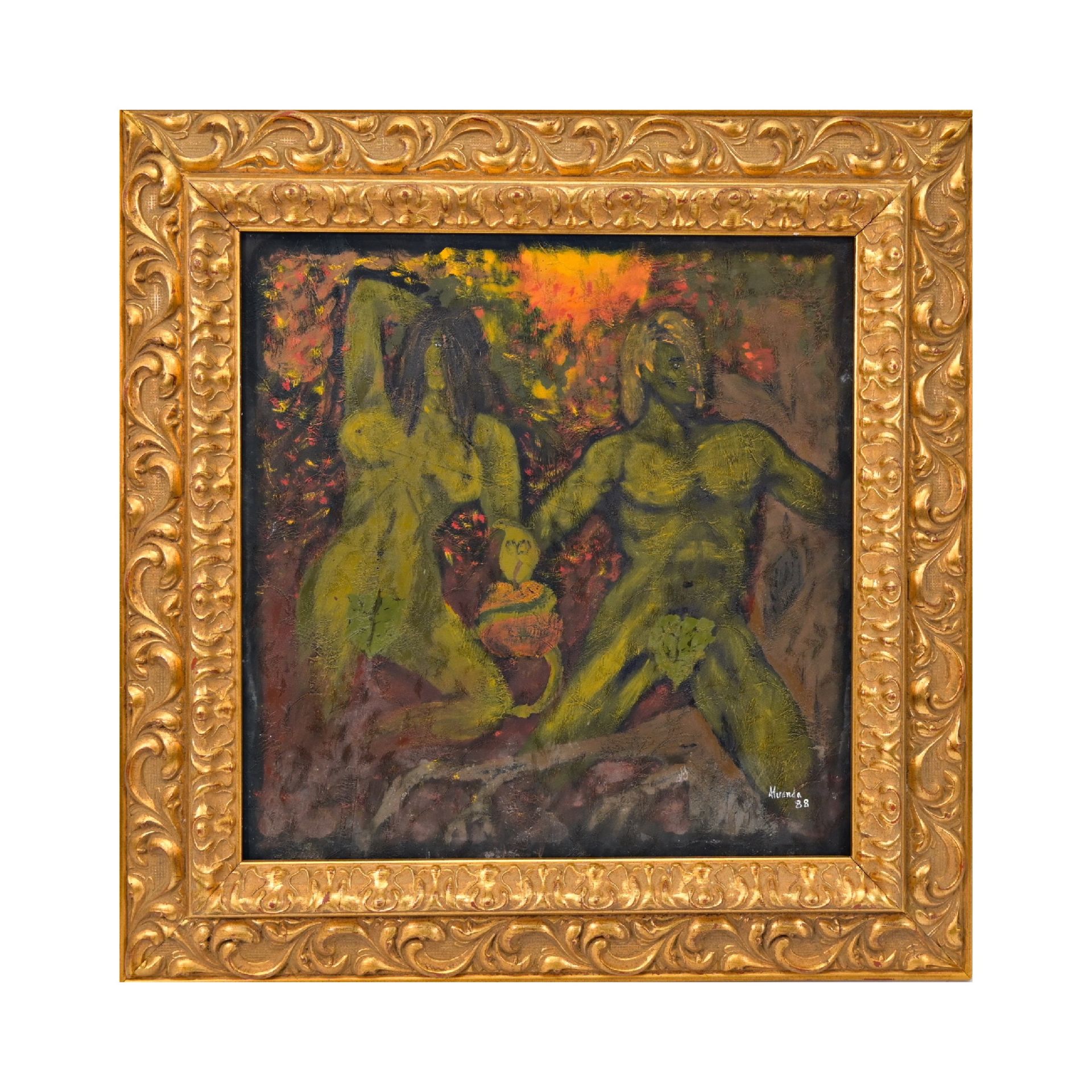 European painting, Miranda, "Forbidden fruit" 1988, oil on fabric.