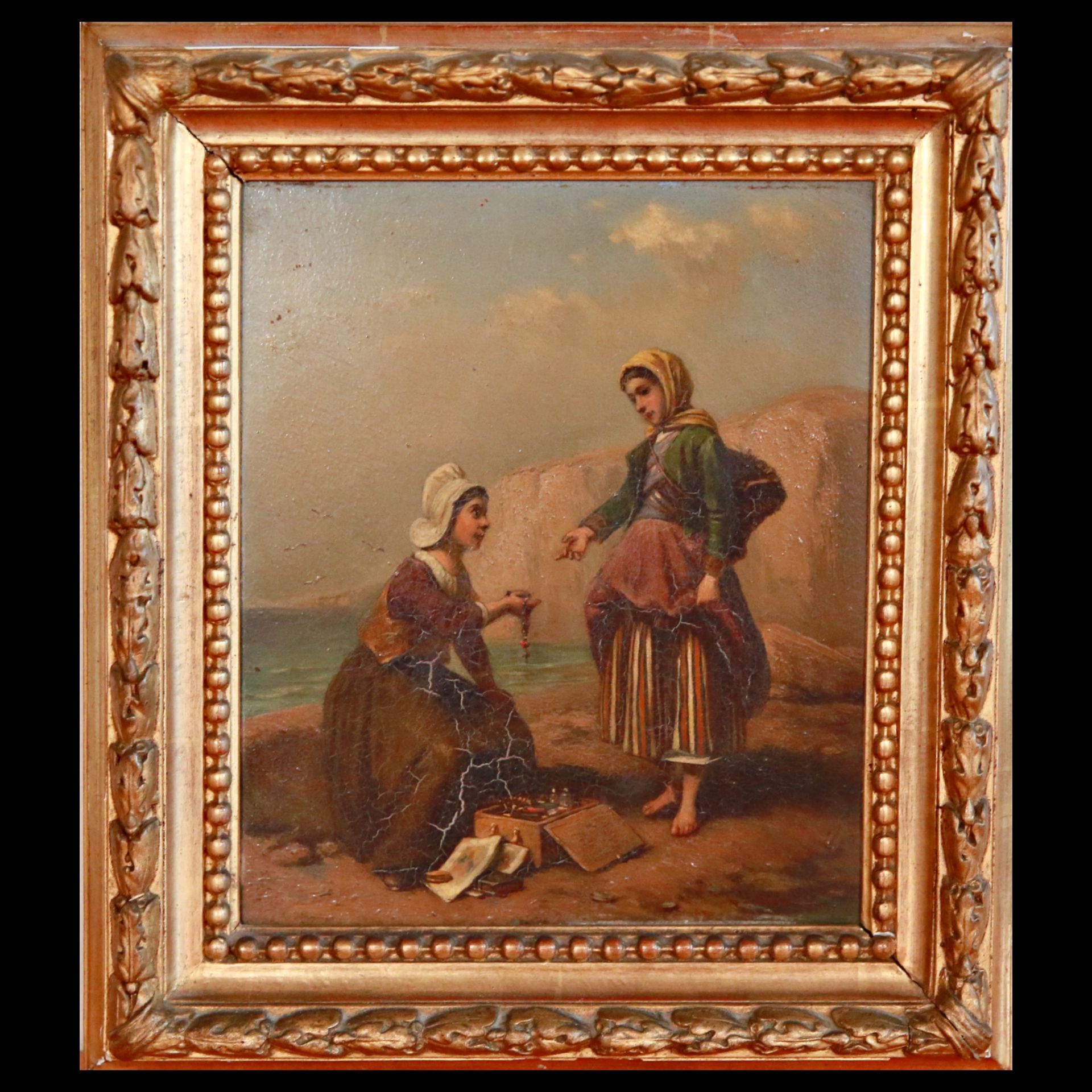 Young girls on the shore, oil on wood panel, no signature, 19th century European painting. - Image 2 of 3