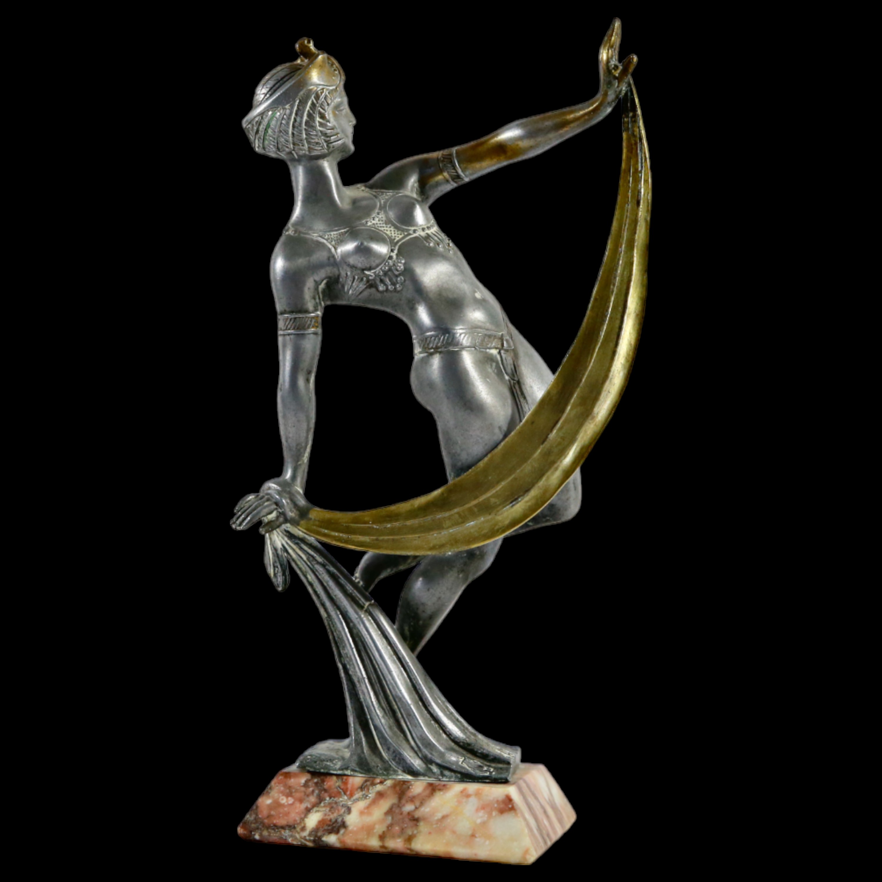 Art Deco Bronze Dancer, silver and gilt plated, stamp below, red marble base, 30s of the 20th C. - Image 3 of 12