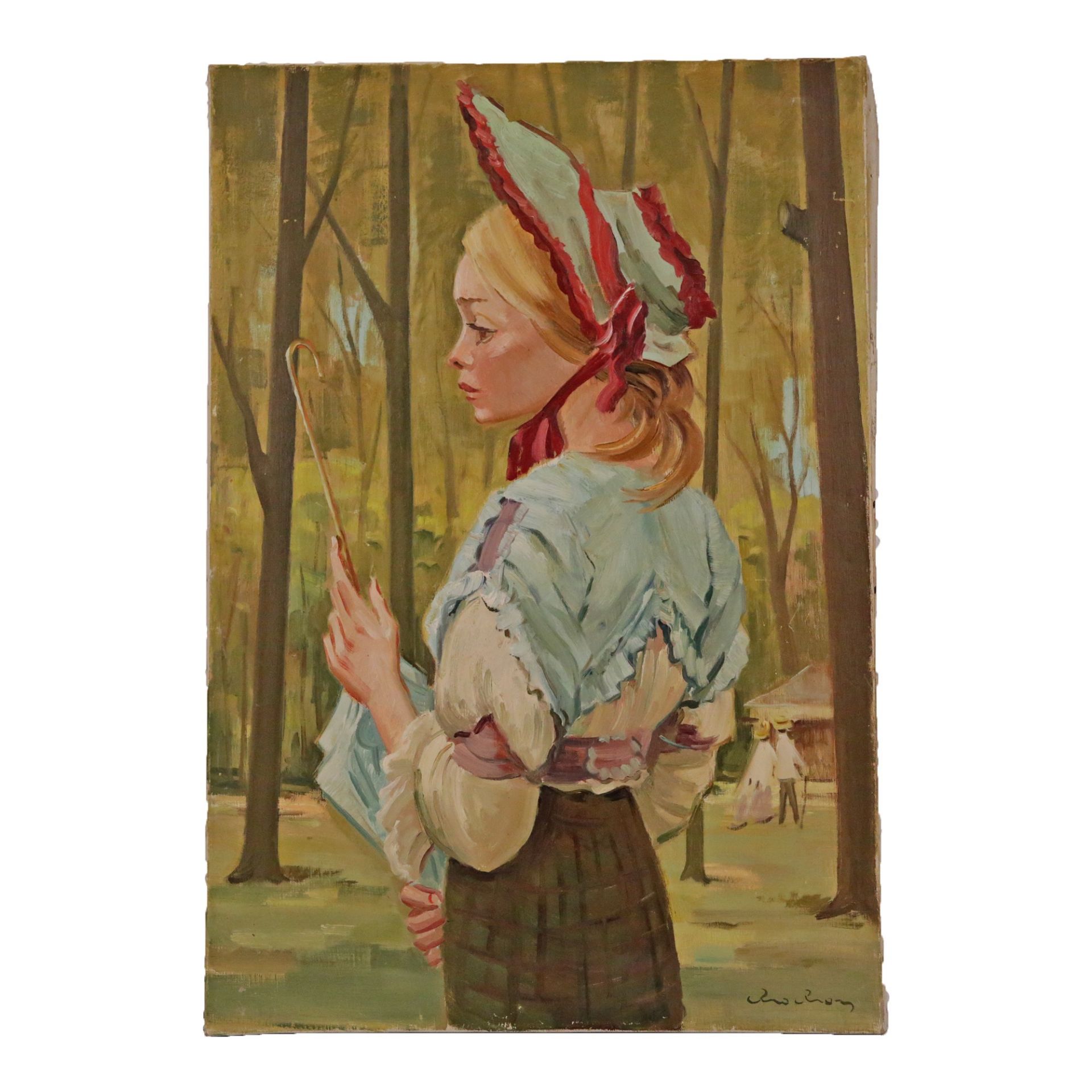 "Girl with a Cloak" oil on canvas, France 20th century. - Image 2 of 6