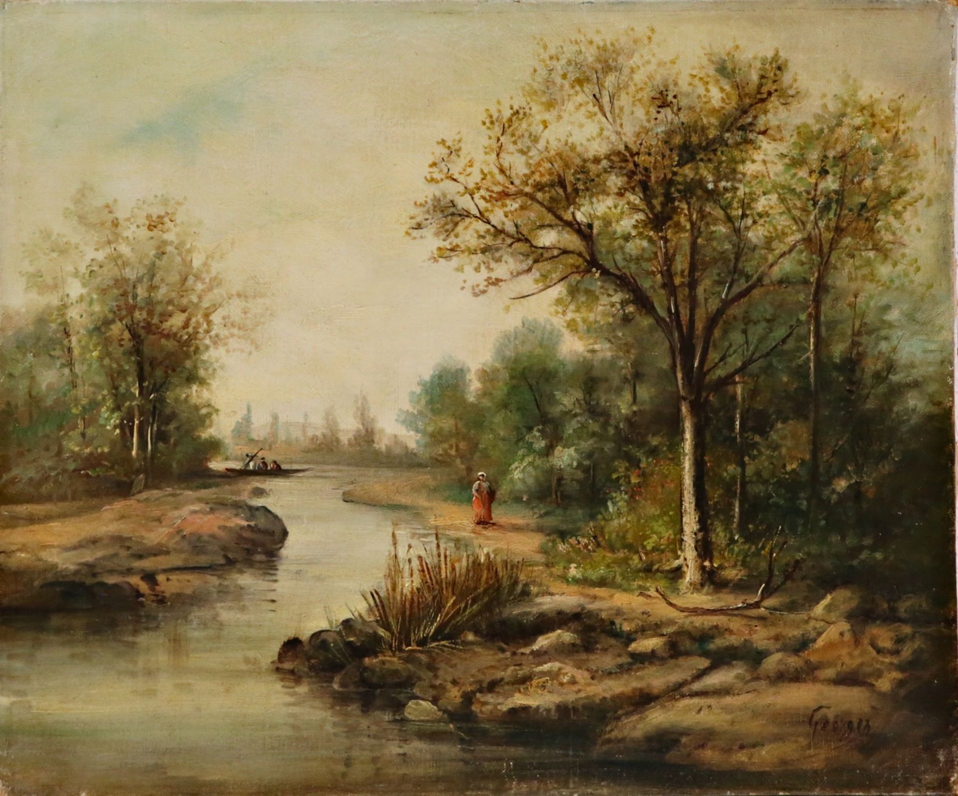 Pair of paintings signed GEORGES, "River with the fisherman" and "River with the farmer", 19th C. - Image 2 of 9